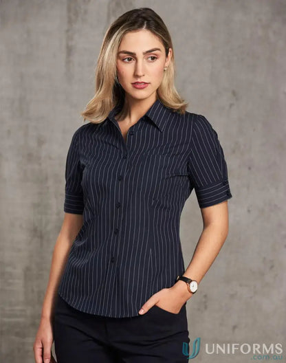 Winning Spirit Ladies pinstripe SS shirt, navy blue short sleeve button-up top
