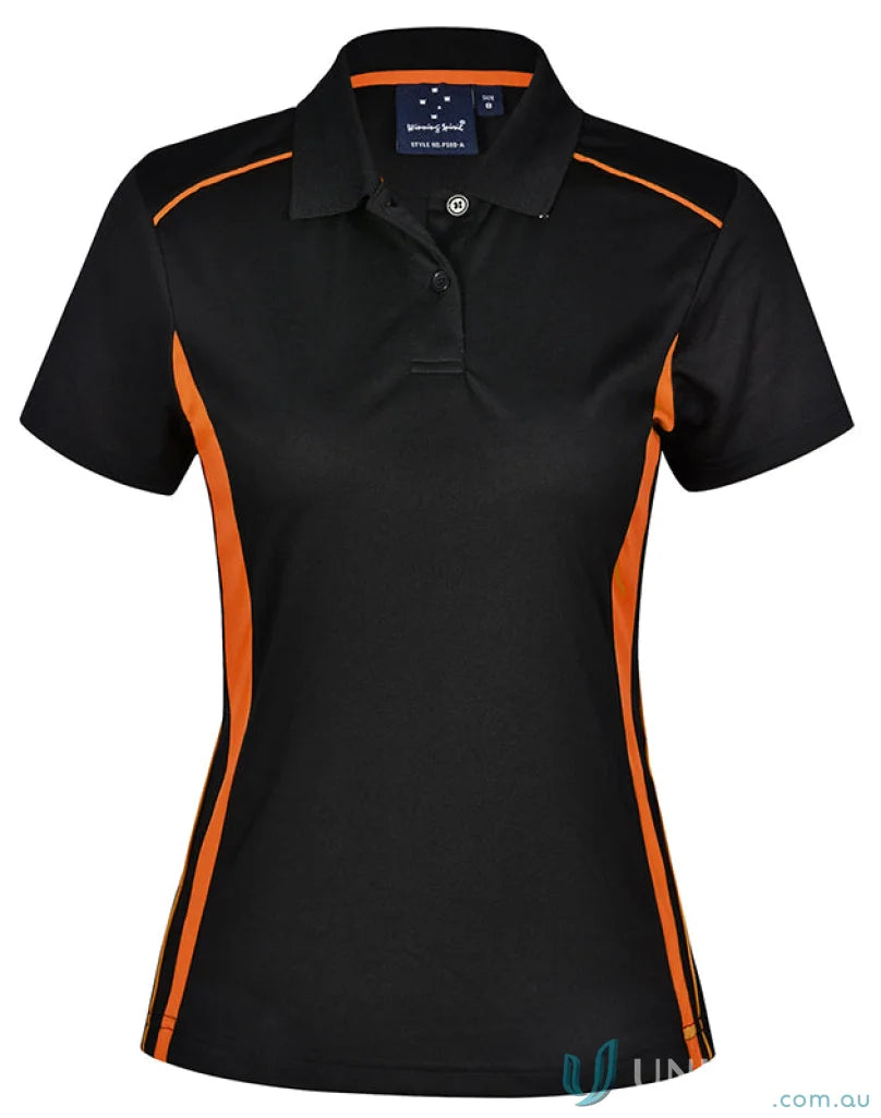 Black short-sleeve pursuit polo lady with orange stripes, part of Winning Spirit PS80 collection