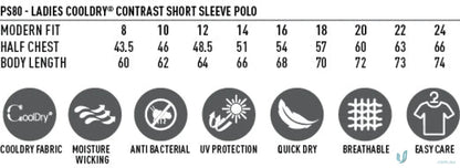 Chart showing sizes and features of Winning Spirit PS80 Pursuit Polo Lady Spirit Ladies Pursuit