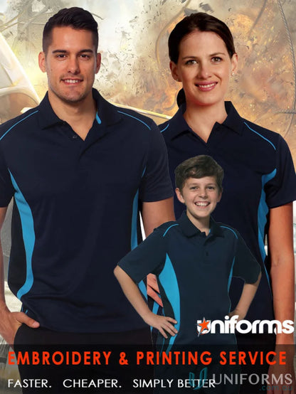 Family of models in navy and light blue Winning Spirit PS80 Pursuit Polo shirts