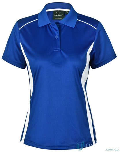 Women’s royal blue and white short-sleeved pursuit polo shirt from Winning Spirit PS80