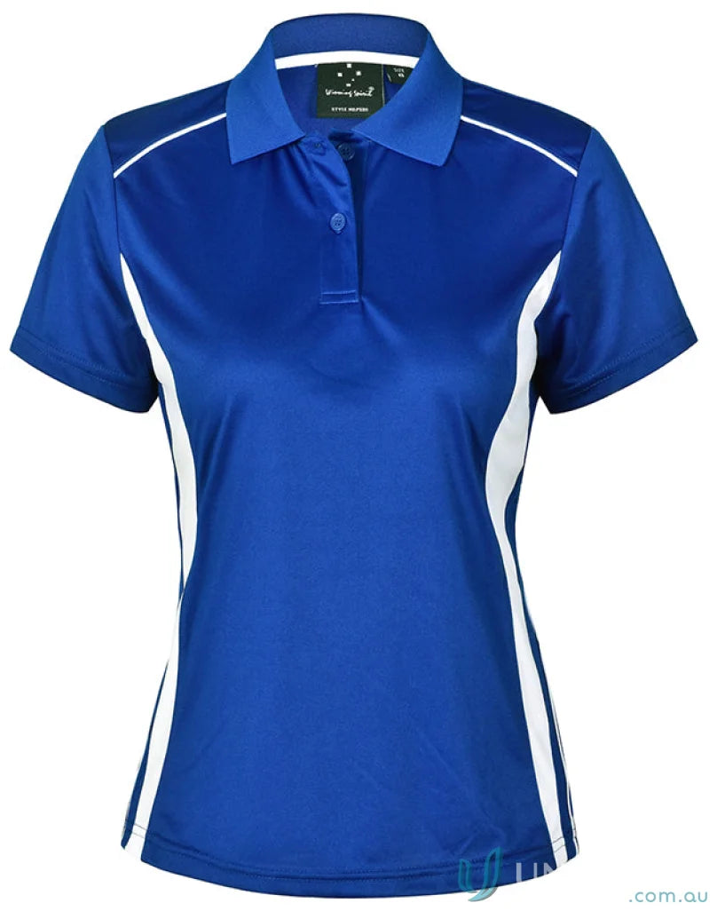Women’s royal blue and white short-sleeved pursuit polo shirt from Winning Spirit PS80