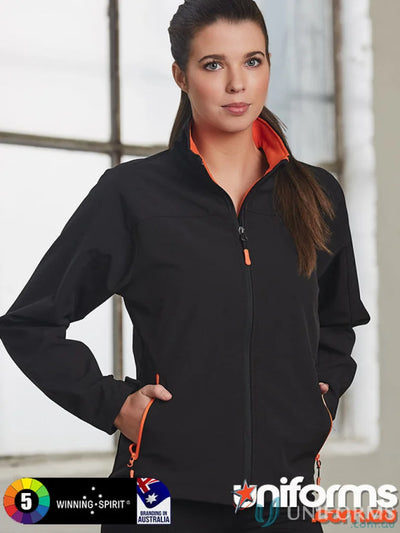 Black softshell jacket with orange trim from Winning Spirit Ladies Rosewall SoftShell Jacket collection