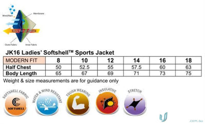 Size chart for Winning Spirit Ladies Rosewall Softshell Jacket JK16 Rosewall Softshell