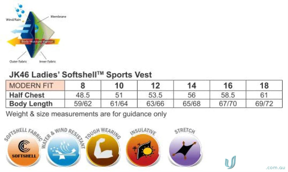 Ladies softshell sports vest size chart for Winning Spirit Rosewall SoftShell Vest JK46 Rosewall