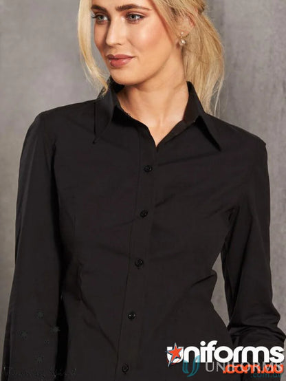 Black long-sleeved button-down shirt from Winning Spirit Ladies Stretch collection