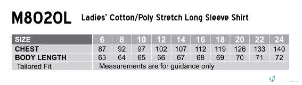 Winning Spirit Ladies Stretch LS Shirt size chart for M8020L women’s cotton tops