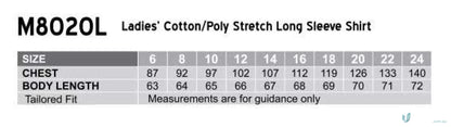 Winning Spirit Ladies Stretch LS Shirt size chart for M8020L women’s cotton tops