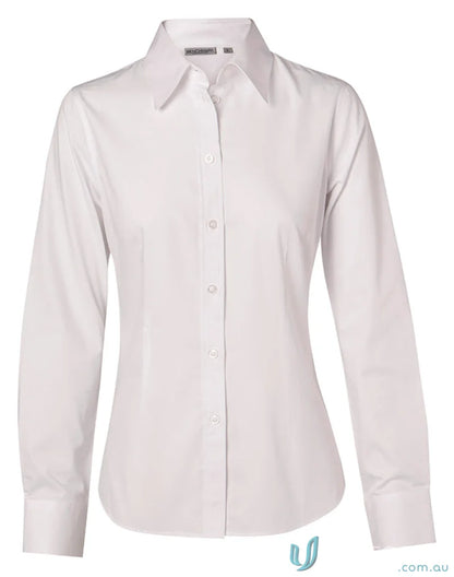 White long-sleeved button-down shirt from Winning Spirit Ladies Stretch collection