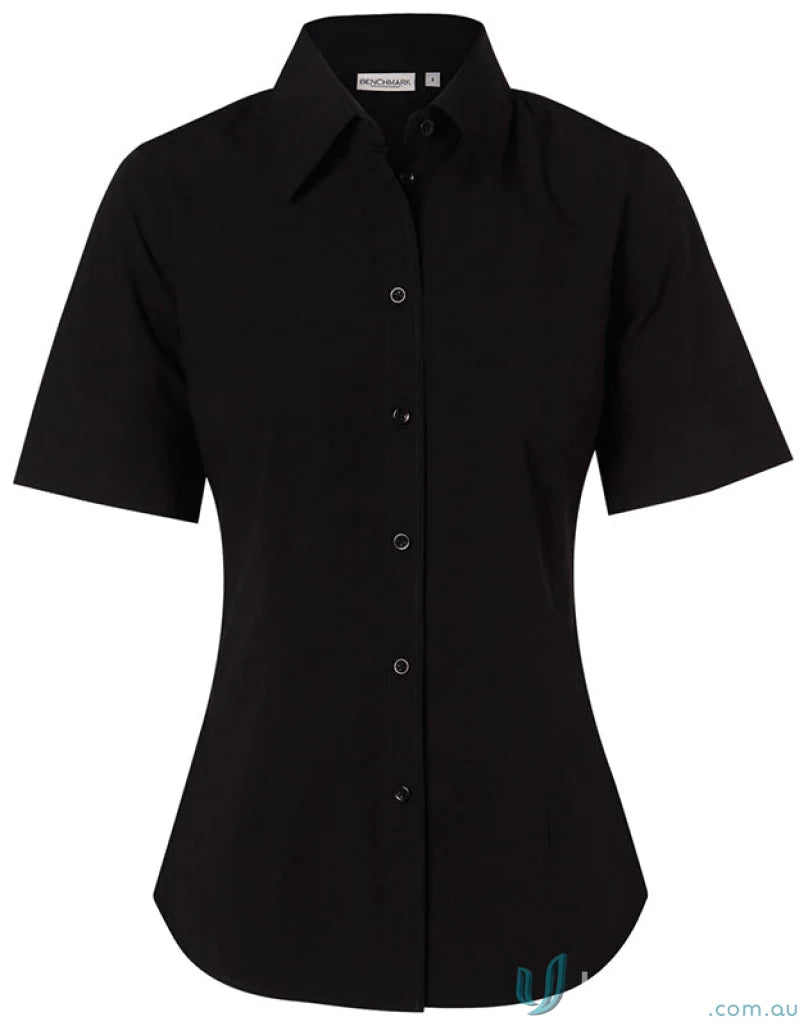 Black short-sleeved button-down shirt from Winning Spirit Ladies Stretch collection