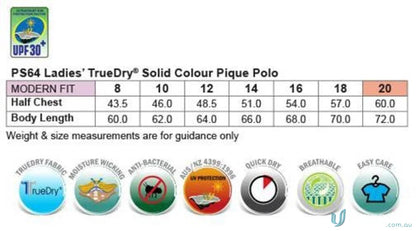 Ladies Truedry Connection Polo size chart for Winning Spirit Ladies Truedry Connection Polo