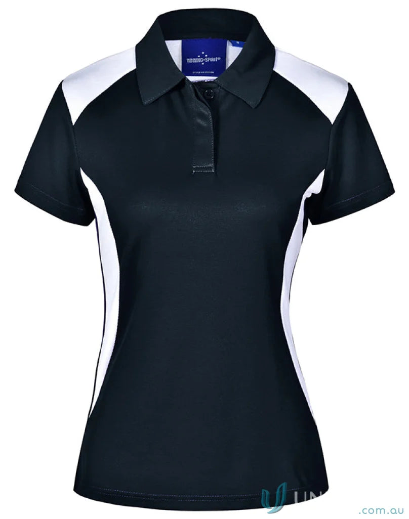 Winning Spirit Ladies TrueDry Winner Polo in black and white athletic style