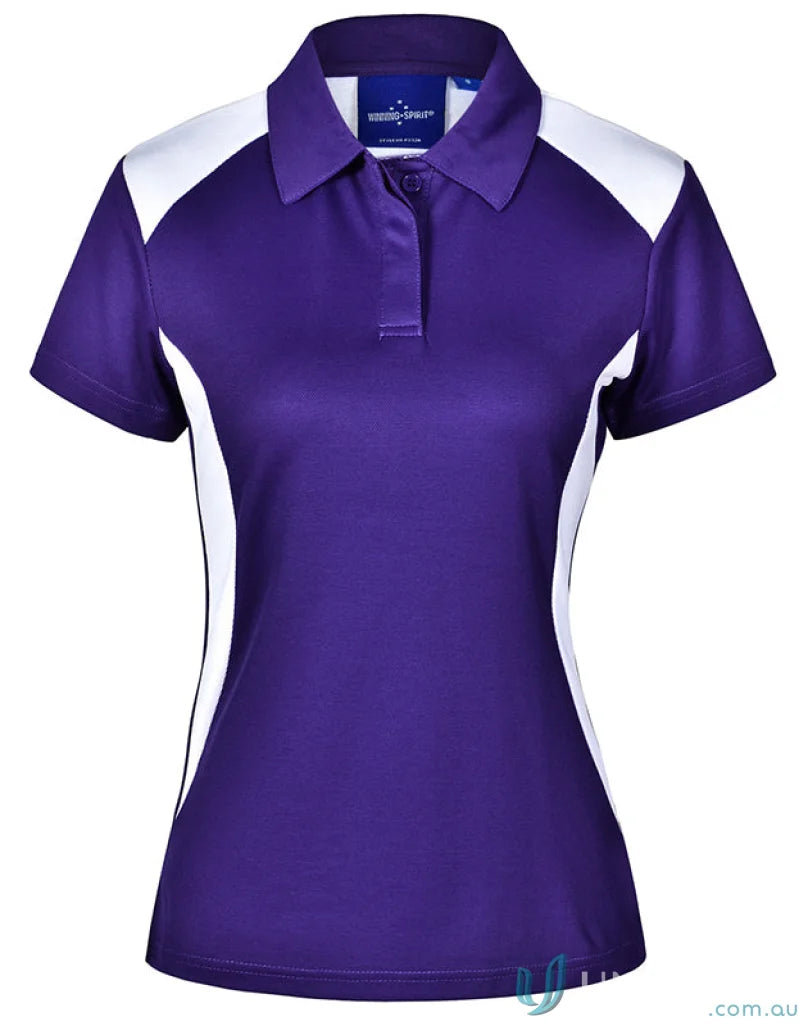 Winning Spirit Ladies TrueDry Winner Polo shirt in purple and white with collar