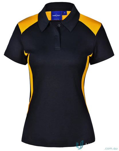 Winning Spirit Ladies Truedry Winner Polo in black with yellow side panels and accents