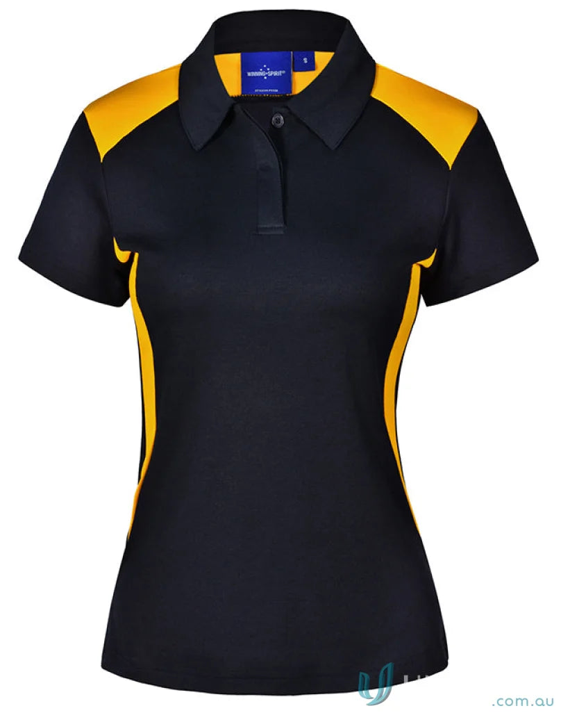 Winning Spirit Ladies Truedry Winner Polo in black with yellow side panels and accents