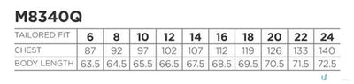 Garment size chart for Winning Spirit Ladies mini gingham sleeve shirt