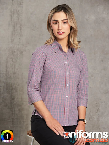 Woman wearing Winning Spirit Ladies mini gingham sleeve shirt in red and white checkered pattern