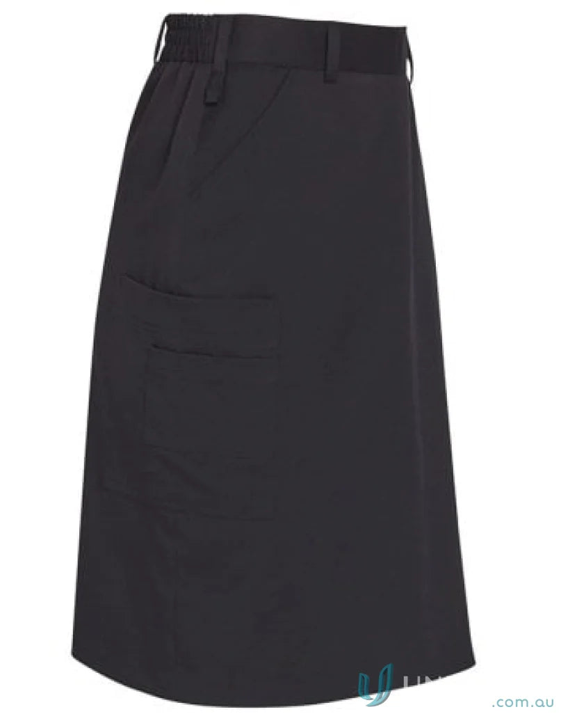 Black knee-length utility cargo skirt with 2 side pockets made from 2-way stretch fabric