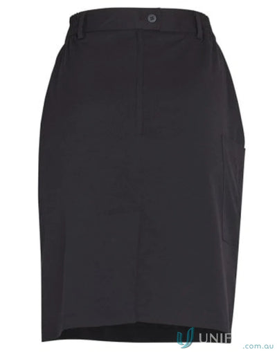 Winning Spirit Ladies Utility Cargo Skirt in black with knee-length pencil style and single button closure, made from 2-way stretch fabric