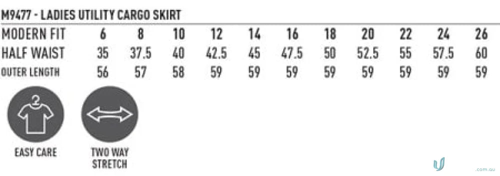 Size chart for Winning Spirit Ladies Utility Cargo Skirt m9477 with 2-way stretch fabric