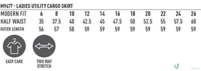 Size chart for Winning Spirit Ladies Utility Cargo Skirt m9477 with 2-way stretch fabric