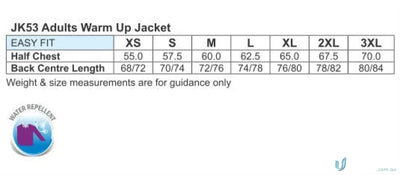 Adults warm-up jacket size chart for the Winning Spirit Legend workwear wardrobe with water-repellent finish