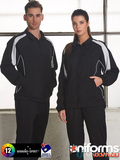 Matching black tracksuits with white accents from Winning Spirit Legend warm-up jacket, great for workwear wardrobe with water-repellent finish