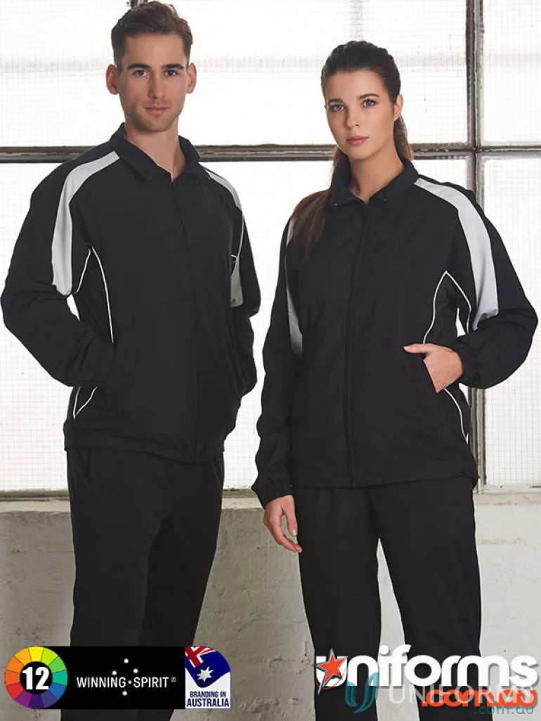 Matching black tracksuits with white accents from Winning Spirit Legend warm-up jacket, great for workwear wardrobe with water-repellent finish