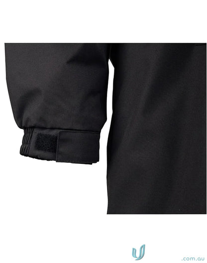 Black jacket sleeve with adjustable cuff on Winning Spirit Longline Stadium Jacket featuring high wind collar