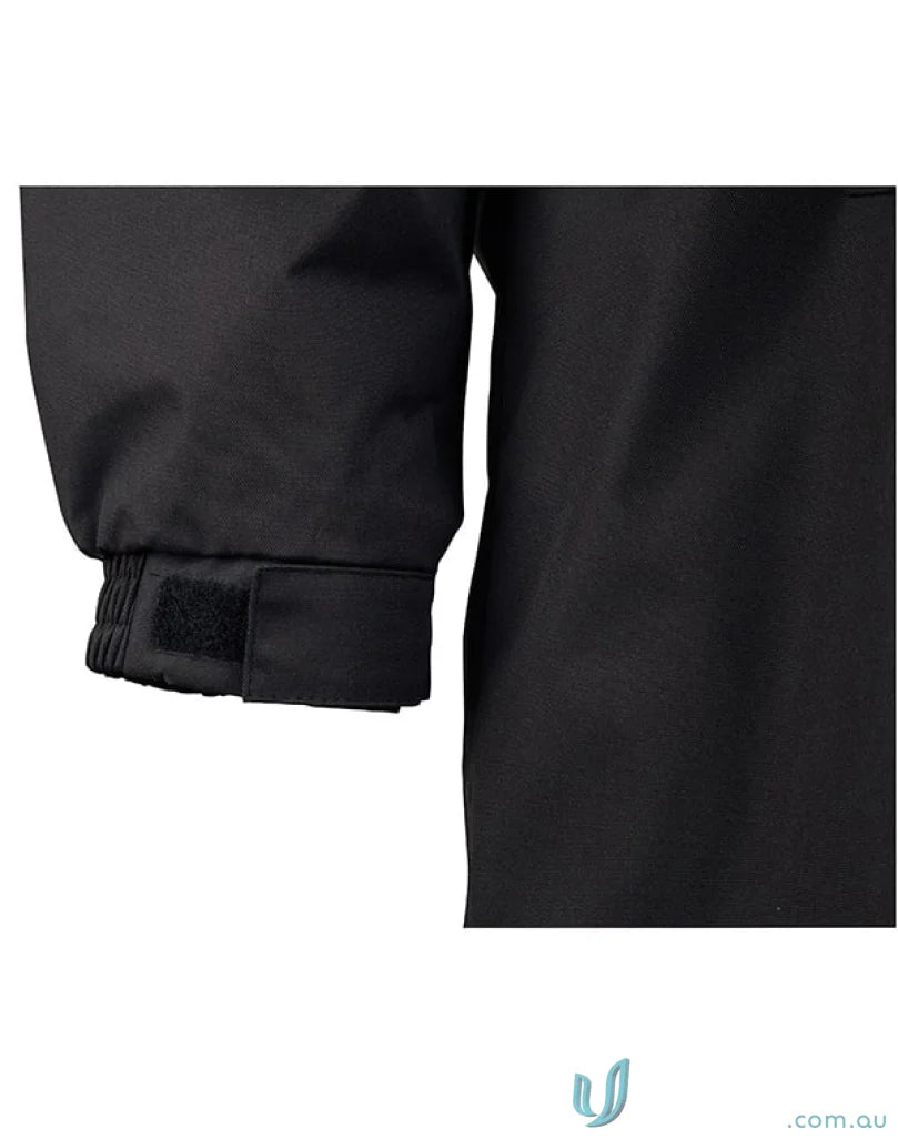 Black jacket sleeve with adjustable cuff on Winning Spirit Longline Stadium Jacket featuring high wind collar