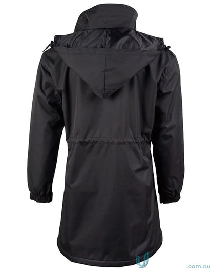 Black waterproof hooded longline jacket with high wind collar for Winning Spirit Stadium jk50 longline style
