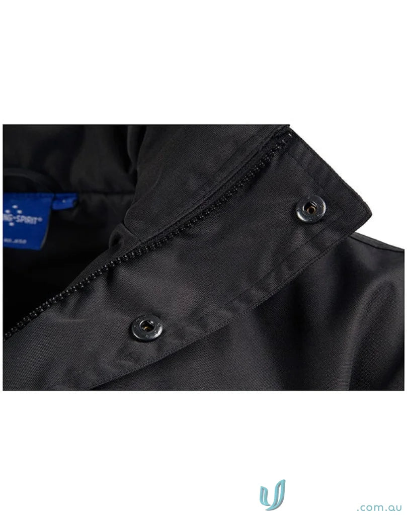 Close-up of Winning Spirit Longline Stadium Jacket with high wind collar and zipper