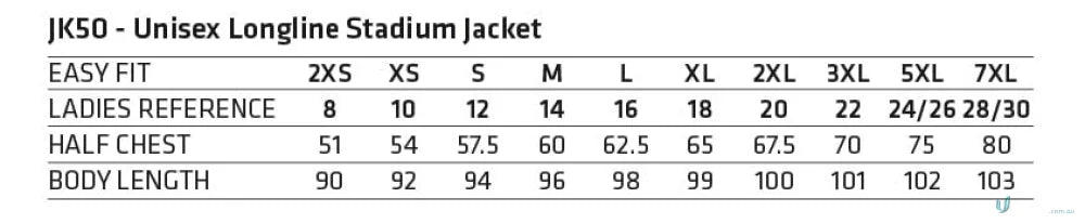 Winning Spirit Longline Stadium Jacket size chart with measurements for jk50 longline high wind collar styles