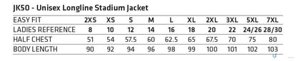 Winning Spirit Longline Stadium Jacket size chart with measurements for jk50 longline high wind collar styles