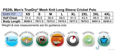 Mens polo shirt size chart and fabric details for Winning Spirit LS Cricket Polo with raglan sleeves