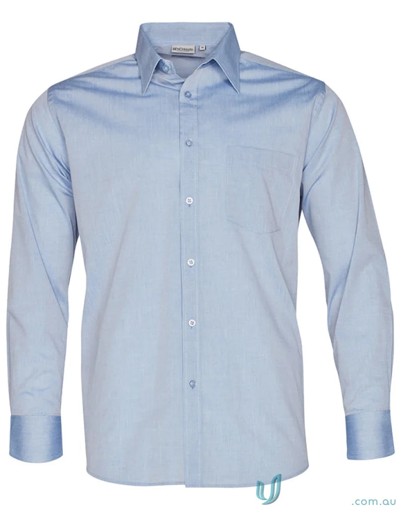 Light blue m7012 men’s fine chambray long sleeve shirt from Winning Spirit mens collection