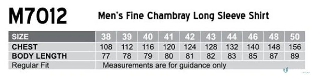 Men’s shirt size chart for Winning Spirit Men’s Fine Chambray L/S Shirt m7012 men’s fine chambray long sleeve style