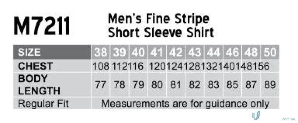 Men’s fine stripe short sleeve shirt size chart for Winning Spirit Mens Shirt