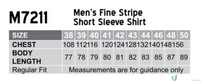 Men’s fine stripe short sleeve shirt size chart for Winning Spirit Mens Shirt
