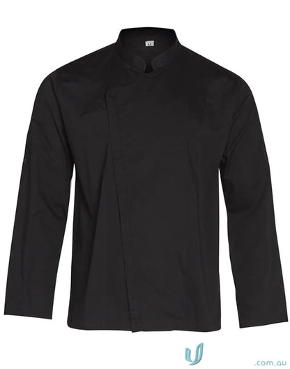 Black chef’s jacket from Winning Spirit Mens, a stylish mens functional chef coat