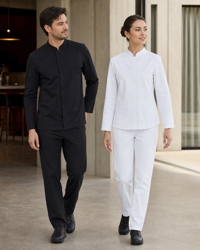 Winning Spirit Mens Functional Chef Jacket in black and white hospitality uniforms