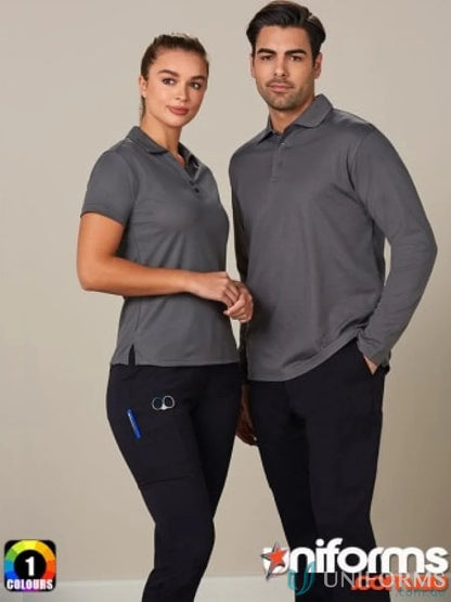 Two models in matching grey polo shirts and dark Winning Spirit Men’s M9350 Utility Cargo Pants