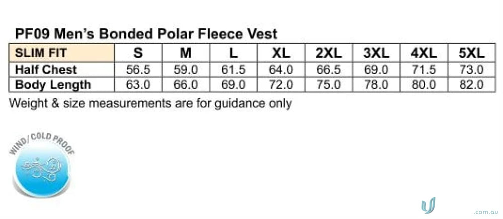 Men’s Polar Fleece Vest size chart for Winning Spirit Micro Bonded Diamond Fleece Vest