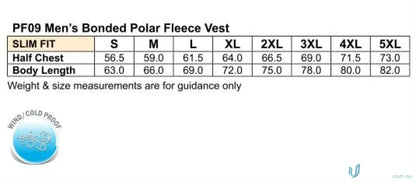 Men’s Polar Fleece Vest size chart for Winning Spirit Micro Bonded Diamond Fleece Vest