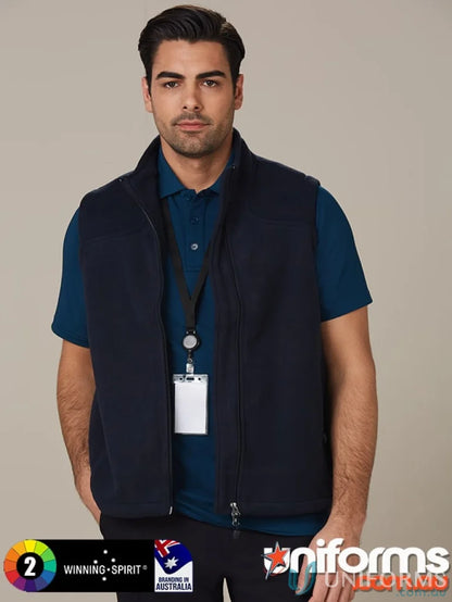 Navy blue Winning Spirit Micro Bonded Polar Fleece Vest showcasing diamond fleece vest style