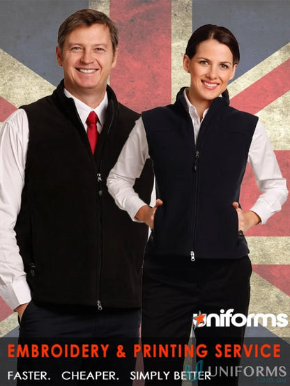 Two people wearing Winning Spirit Micro Bonded Polar Fleece Vests, perfect bonded polar style