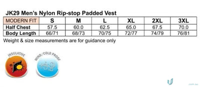 Mens nylon rip-stop fabric jk29 padded vest size chart with zippered welt pockets