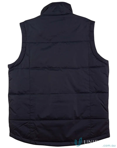 Padded navy blue vest with zippered welt pockets in durable nylon rip-stop fabric