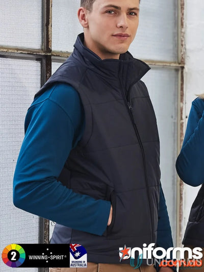 Sleeveless black jK29 padded vest with zippered welt pockets made from nylon rip-stop fabric