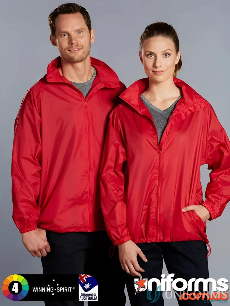 Two red winning spirit JK10 Rain Forest spray jackets for outdoor activities